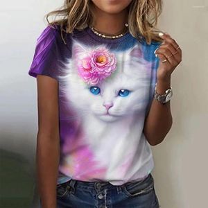 Camiseta feminina manga curta camiseta engraçada moda gola redonda top 3d kawaii gato estampa fofa e generosa venda camisa de rua 6xl