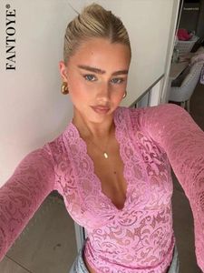 Mulheres camisetas Fantoye Sexy Deep V Neck Lace Mulheres T-shirt Rosa Ver através de Manga Longa Feminino Primavera Skinny Casual Elegante Streetwear