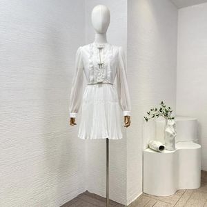 Casual Dresses White Pleats Frilled Ruffles Diamonds Bow Mini Dress 2024 High Quality Women Clothes For Party