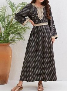 Etnisk kläder Muslimsk klänning Abaya Dubai Arab Robe Long ärmar V-Neck tryck Turkiet Kontor Lady Elegant