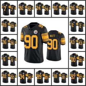 Pittsburgh''Steelers''Men #22 Najee Harris 2 Mason Rudolph 55 Devin Bush 36 Jerome Bettis 90 T.J.Watt Mulheres Juvenis Preto Personalizado Color Rush Limited Jersey