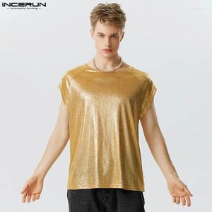 Men's Tank Tops INCERUN 2024 American Style Men Sleeveless Solid All-match Glitter Fabric Shirts Casual Male Samrt Shining Blouse S-5XL