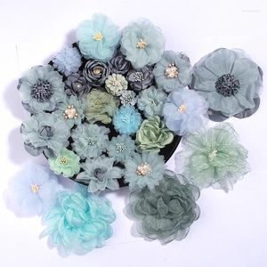 Decorative Flowers 10Pcs Blue Green Series Camellia Rose Chiffon Fabric Artificial For Wedding Bouquet Shoes Decoration