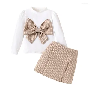 Conjuntos de roupas Pudcoco Crianças Bebê Meninas Outono 2 Peça Outfits Branco Manga Longa Bow Decor Tops Lápis Saia Set 4-7T