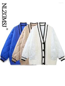 Women's Knits Nlzgmsj Blue Patchwork Cardigan Coat For Women 2024 Autumn And Winter Loose Idle Style Thickened Knitting Parka Outwears
