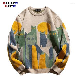 Men's Sweaters Casual Knitted Sweater Men Women Japanese Cartoon Full Cat Print Streetwear Pullover Unisex 2024 Spring Harajuku Loose