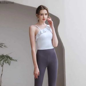 Bras S838 Small sexy suspender yoga suit top with bare navel tight fitting ruffled edge short sleeved womens summer strap bra YQ240203