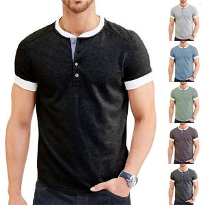 Erkek Tişörtleri Moda İlkbahar ve Yaz Günlük Kısa Kollu Düğme Yuvarlak Boyun Düz Renkli Erkekler Gömlek Elbise