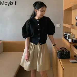 Vestidos de trabalho Moyizif Mulheres Malhas Terno O-pescoço Puff Manga Solta Casual Chic Blusa Plissada A-Line Mini Saias Estilo Coreano Duas Peças