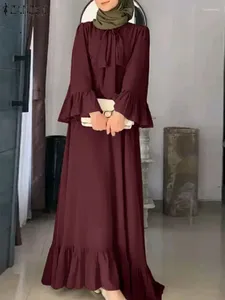 Ubranie etniczne Zanzea kobiety Ong Rleeve Ruffles muzułmańska abaya sundress Summer Maxi sukienka vintage lorbe femme solidn koronkowy w górę vestido eid