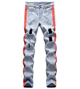 Hip Hop 4 Kolor patchwork dżinsy Mężczyźni 2021 Rozryte otwory Slim Fit Dżinsy Pole Mężczyźni Niebieski żółty designer prosto niebieskie dżinsy x06215109688