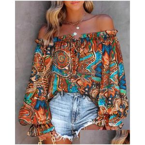 Suéter dos homens Mens Suéteres Boho Off Shoder Imprimir Camisas Blusas Primavera Verão Mulheres Ruffles Lace Up Camisa Casual Solto Womens Tops Dhefm