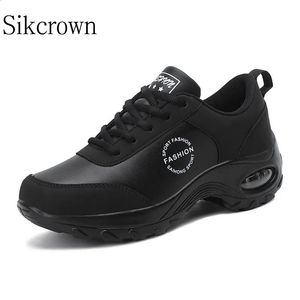 Black Sneakers Sport Woman Platform Thick Sole Leather Soft Air Cushioning Shoes Damping Running Non Slip Ladies Trainers 240130