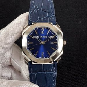 Tanie nowe 41 mm Octo stalowa data obudowy 102429 BGO38C3SLD Blue Dial Automatyczne męskie zegarek Niebieski skórzany pasek Wysokiej jakości zegarki Hello256y