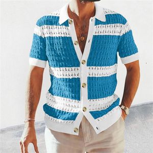 Herr t -skjortor sommarblus n b mens knapp bodysuit 2024 lapel kort ärm färg cutout cardigan skjorta