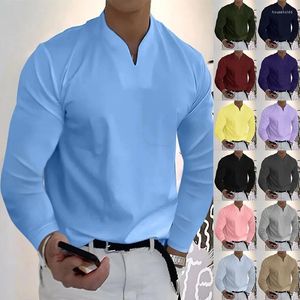 Polos masculinos roupas polo camisa esportiva camiseta elástica de manga comprida outono com decote em v negócios formal escritório estilo de luxo