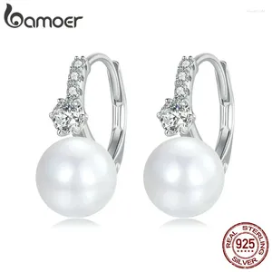 Hoop Earrings Bamoer 925 Sterling Silver Elegant Quality Shell Pearl Ear Buckles Pave Setting CZ For Women Party Fine Jewelry BSE928