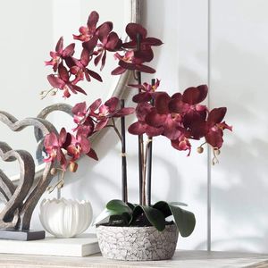 Dekorative Blumen im Topf, Kunstseide, künstliches Blumenarrangement, realistische rote Orchidee in knisternder grauer Vase für Heimdekoration, 61 cm hoch