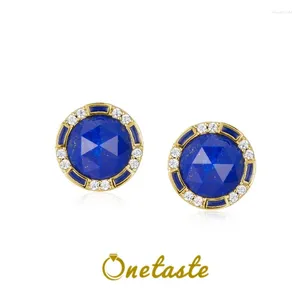 Orecchini a lobo Lapislazzuli naturale 925 Argento placcato oro Zircone rotondo per le donne Minimalismo Semplice Pietra blu Chic Orecchino 2024