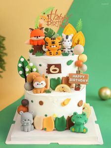 Cake Tools Cartoon Woodland Animal Topper Cute Soft Rubber Forest Jungle Safari Lion Decoration 1st Birthday Party Gift Baptism