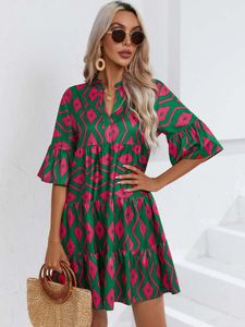 Casual Dresses 2024 Spring Summer Women's Printed Long Sleeved Flare Sleeves Mid-Length Traf Official Store