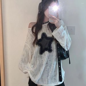 Women's T Shirts Y2k Girl Star Long Sleeve Harajuku T-shirts Dark Gray White Ripped Gothic Pullover Shirt 2024 Autumn Broken Fabric Street