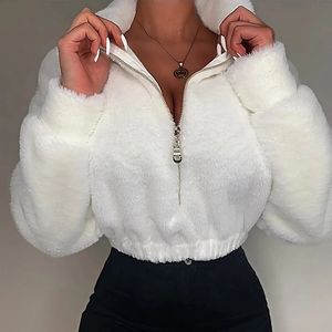 Kvinnor Fashion Casual Hoodie Winter Crop Tops Helt stand-Neck Y2K Långärmad Zip Up Pullover White Sweatshirt Gothic Streetwear 240119