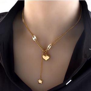 14k Yellow Gold Long Love Heart Women Girls Necklaces Pendant Star Hanging Chain Choker Sweet Valentines Day Gift