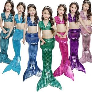 Conjunto de 3 peças de vestidos para meninas, traje de banho de sereia, fantasia infantil, vestido de meninas, roupas cosplay para crianças pequenas