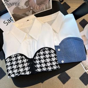 Women's Blouses Patchwork Shirts Women Preppy Style Chic Designed BF Summer Crop Tops Korean Stylish Lovely Young Ulzzang OL Elegant Lapel