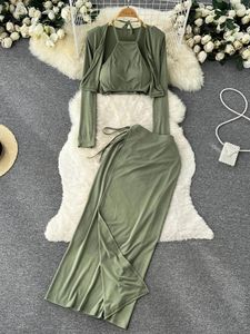 Work Dresses YuooMuoo Autumn Three Piece Set Women Dress Suit Green Camis Tops High Waist Split Long Skirts Sleeve Shirts Lady Outfits