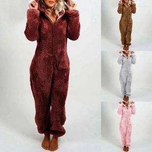 Women's Sleepwear Onesies Warm Sleeve Homewear Women Fleece Jumpsuits Long Romper Pajama Hooded Pyjamas Fluffy Nighties Zipper Winter