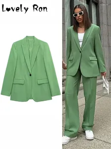 Pantaloni a due pezzi da donna OL Blazer verde adatto per le donne Giacca primaverile color caramello a bottone singolo Abito ampio e dritto da strada