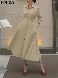 Casual Kleider Vonda Langes Hemd Kleid 2024 Elegante Frauen Büro Dame Frauen Sommerkleid Einfarbig Party Robe Femme