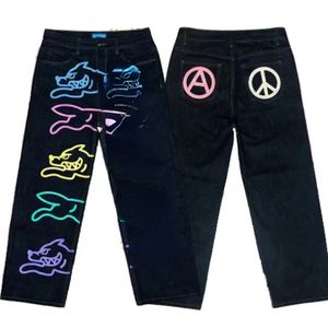 Nova tendência outono/inverno hip hop voando cão impressão jeans masculino rua moda calças de perna reta