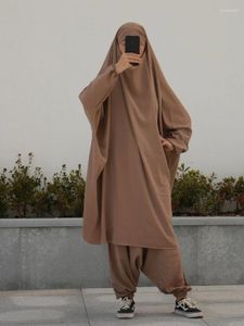 エスニック服eidイスラム教徒の女性ロングキマー祈りの衣服2ピースセットアバヤドレスハーレムパンツフルカバーラマダンカフタンジルバブジェラバ