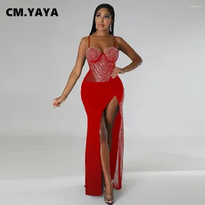 Casual Dresses CM.YAYA Women 2024 Diamonds Rhinestones Mesh Spaghetti Strap Backless High Side Split Sleeveless Midi Maxi Long Party Dress