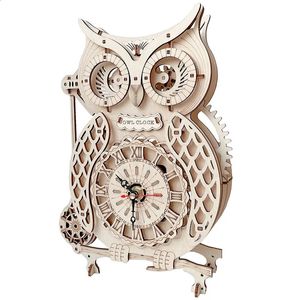 Träpussel 3D Owl Clock Retro Model Byggnadsblock Kits Creative Diy Wall Clock Mechanical Bell Assembly Toys Children Vuxen 240122