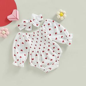 Lovely Autumn born Baby Girls Rompers Headband Clothes Outfits Princess Girls Heart Print Cotton Linen Jumpsuits Overalls 240118