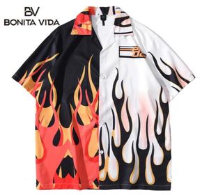 Men039S Casual Shirts Bonita Vida Hawaiian Streetwear Fire Flame Color Block Patchwork Shirt Men Harajuku Hip Hop Beach Button 4693031