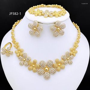 Necklace Earrings Set Dubai Gold Color Women Elegant Flower Earring Ring Bracelet Jewelry Daily Wear Plated Accessories