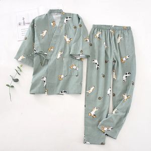 sevensleeve Japanesestyle kimono pajamas set female spring and autumn 100% cotton gauze home clothes cute sweet twop 240201