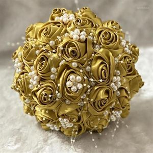 Decorative Flowers & Wreaths Handmade Wedding Bridal Beaded Holding Bouquet Diamond Pearl Bridesmaid Cute Gold Mariage With Lace W232W