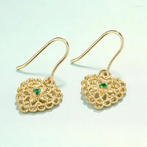 Brincos pendurados com zircônia natural, brincos banhados a ouro 9k, coração oco verde, acessórios de joias finas para mulheres