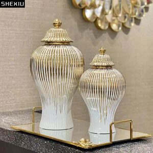 Storage Bottles Golden Lines Ceramic Jar With Lid Gold-plated Flower Arrangement Desktop General Tank Jewelry Jars Cosmetic Containers
