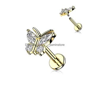 Ohrstecker Schmetterling Labret Chirurgenstahl Cz Edelstein Innengewinde Flache Rückseite Piercing Knorpel Ohr Körperschmuck Drop Lieferung Otwu8