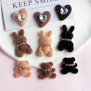 Decorative Figurines 100pcs Kawaii Cartoon Flocking Bear Heart Rhinestone Flatback Resin Cabochons For Scrapbooking Craft DIY Hair Bows