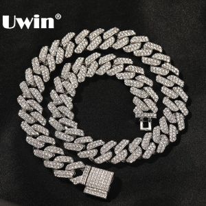 Necklaces UWIN 14mm Zinc Alloy Prong Cuban Necklaces Iced Out Bling Rhinestones Curb Cuban Chain for Men Fashion Hip Hop Jewelry for Gift