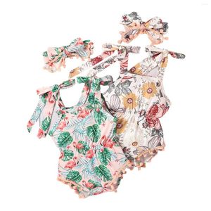 Rompers 2024-03-27 Lioraitiin 2Pcs Set 0-24M Born Infant Baby Girl Romper Off Shoulder Sleeveless Floral Printed Jumpsuit 2Styles