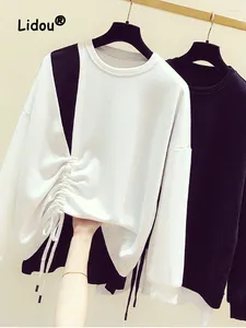 Kvinnors hoodies modefärgblockering dragskot två falska bitar tröjor kvinnor långärmad personlighet design o-krage all-mach topp
